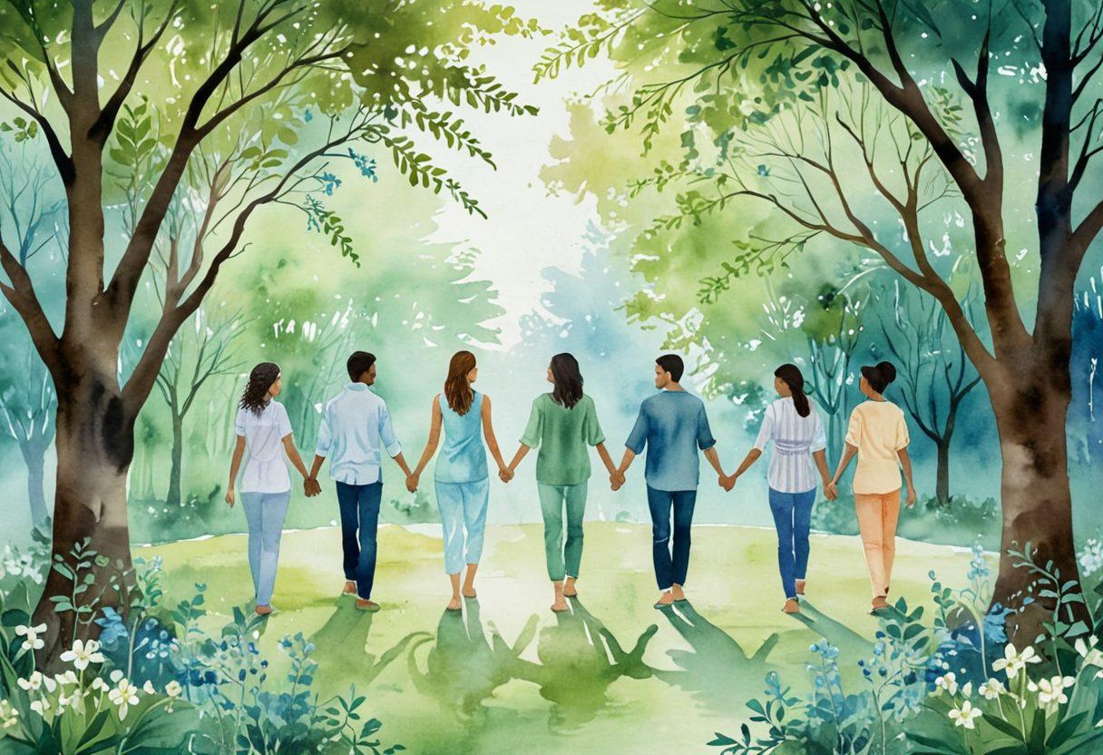 A diverse group of individuals holding hands in a circle, symbolizing unity and resilience. Surround them with natural elements like trees and flowers that represent holistic wellness. Include calming colors such as greens and blues to evoke a sense of peace. In the background, show a network of interconnected lines symbolizing a wellness network. watercolors. soft focus. harmonious tones.