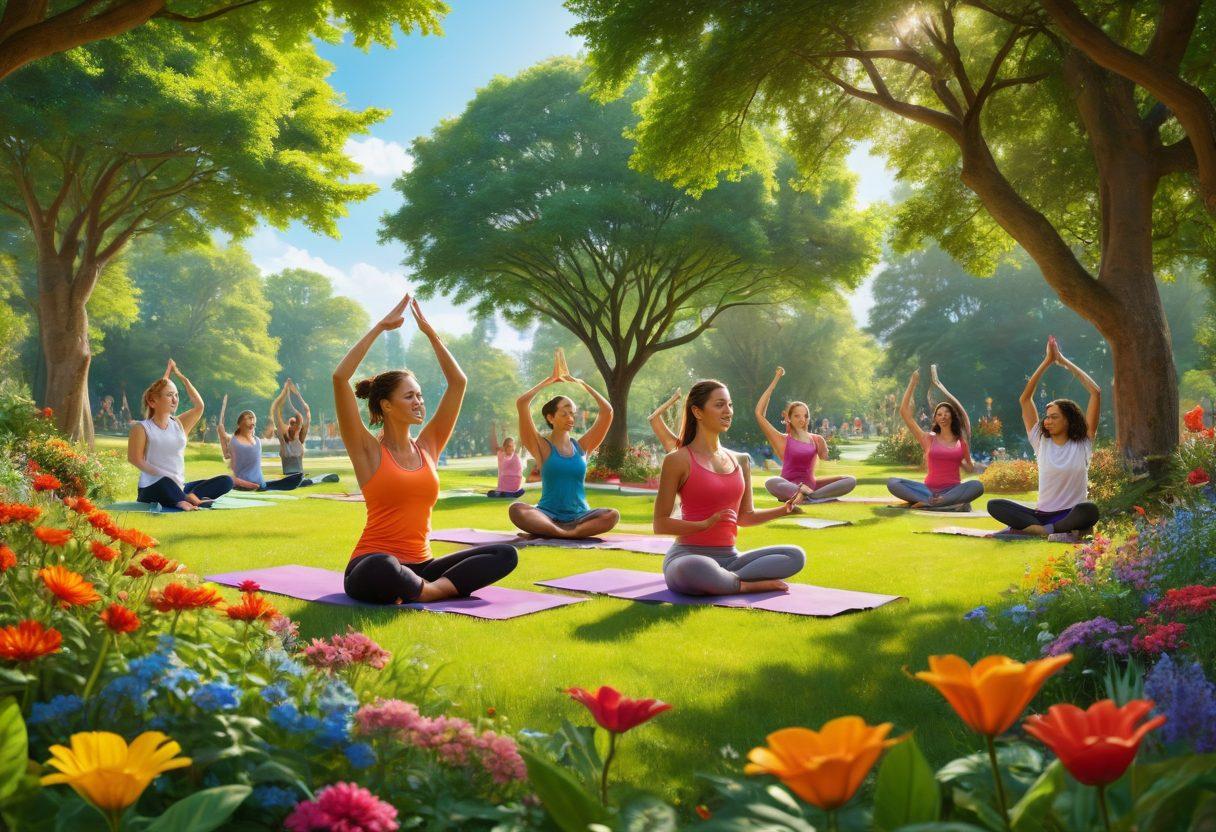 A diverse group of people engaged in joyful outdoor activities like yoga and chatting in a park, surrounded by lush greenery and colorful flowers. The scene radiates positivity and togetherness, featuring elements like a community banner promoting mental wellness and happiness. Vibrant colors enhance the uplifting atmosphere, capturing the essence of community spirit. super-realistic. bright colors. nature background.