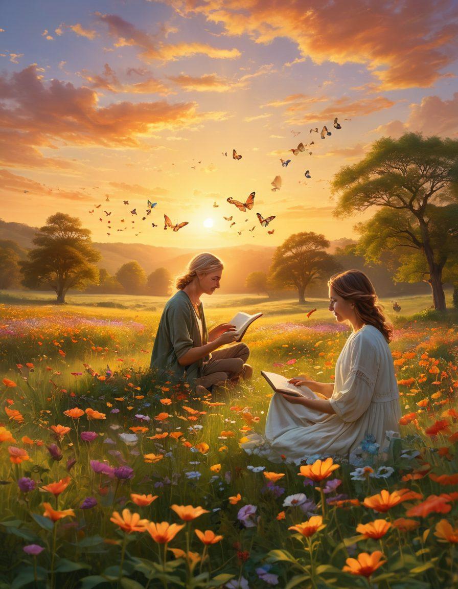 A serene landscape featuring a vibrant sunrise over a peaceful meadow, where diverse individuals are practicing mindfulness, journaling, and engaging in uplifting conversations. Incorporate bright flowers and butterflies symbolizing growth and happiness, with soft golden light illuminating their faces. The atmosphere should feel inviting and hopeful, capturing the essence of cultivating positivity. super-realistic. vibrant colors. uplifting atmosphere.